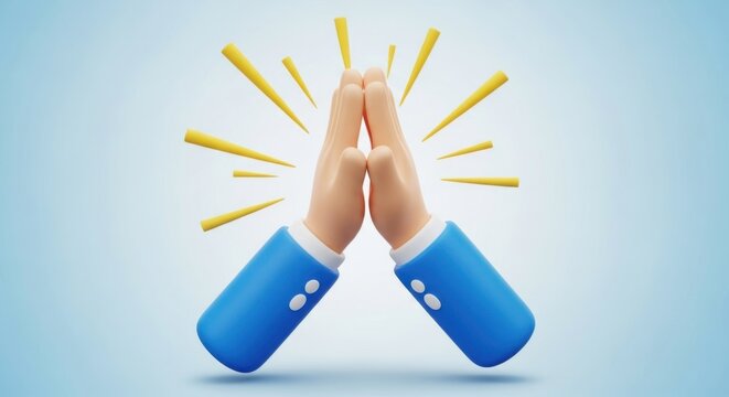 3d cartoon hands clapping in celebration with yellow rays