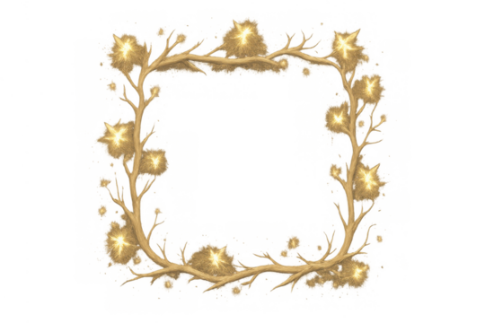 Golden glowing branch frame with star nests, magical light, and fantasy sparkle on transparent background