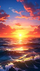 Sunset over the sea with vivid clouds and glow at