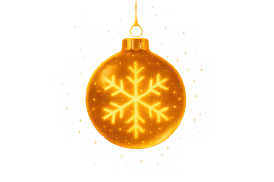 Glowing golden christmas bauble with snowflake design hanging, representing winter holidays and festive celebrations on a transparent background