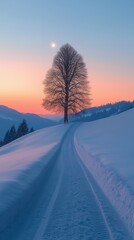 Minimalist winter snow landscape with pink sky and snow covered field, distant trees and small moon, soft pastel colors, peaceful serene atmosphere, wide perspective