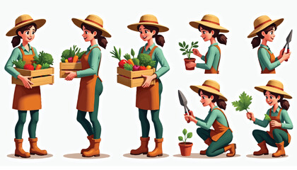 Cartoon gardener woman with vegetables and plants in multiple poses