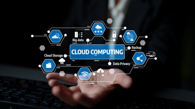 A professional hand presents a modern representation of cloud computing, featuring icons for data storage, backup solutions, and privacy in a dark environment. Tessel