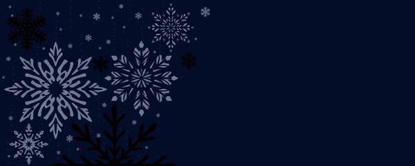 falling white and black snowflakes on midnight blue winter night background with pine branches