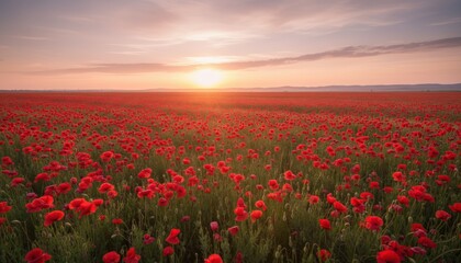 Stunning vibrant red poppy field landscape at glorious sunset.