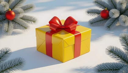 Celebrate holiday cheer with a vibrant yellow Christmas gift wrapped with a bright red ribbon, nestled among frosted pine branches, ready to spread joy