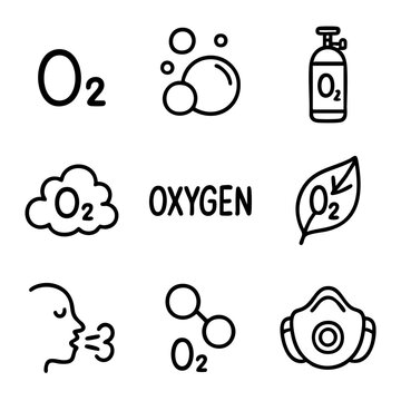A set of doodle line icons representing oxygen, breathing, air, and related symbols, ideal for health, science, or environment themes