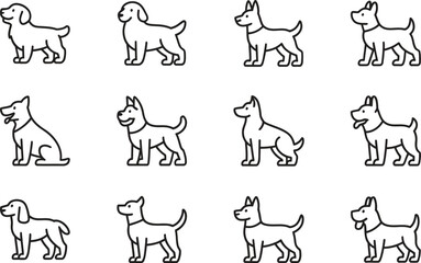 Collection of twelve different cartoon dog illustrations in a grid