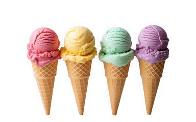 Four colorful ice cream cones arrayed deliciously isolated on transparent background