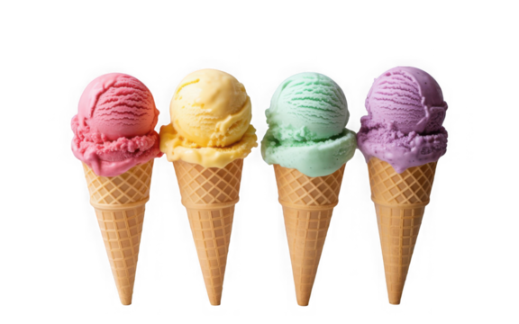 Four colorful ice cream cones arrayed deliciously isolated on transparent background