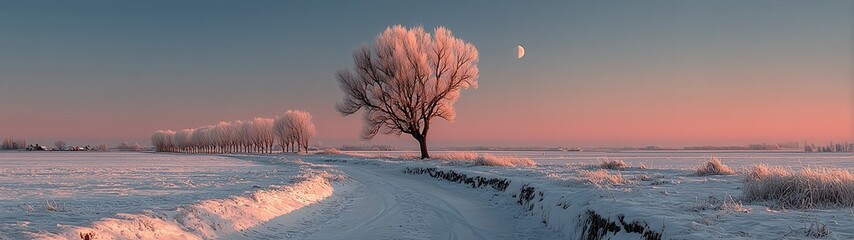 Minimalist winter snow landscape with pink sky and snow covered field, distant trees and small moon, soft pastel colors, peaceful serene atmosphere, wide perspective