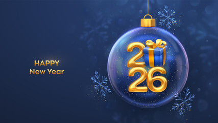 Happy New Year 2026. Golden metallic 2026 numbers with blue gift box and golden bow inside transparent Christmas bauble, decorated with shining snowflakes on blue background. Vector illustration.