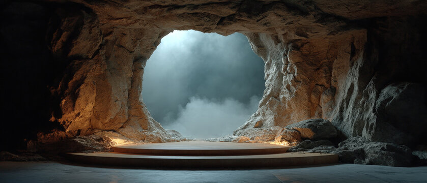 Minimal cave entrance with soft backlight and mist over smooth stone plinth