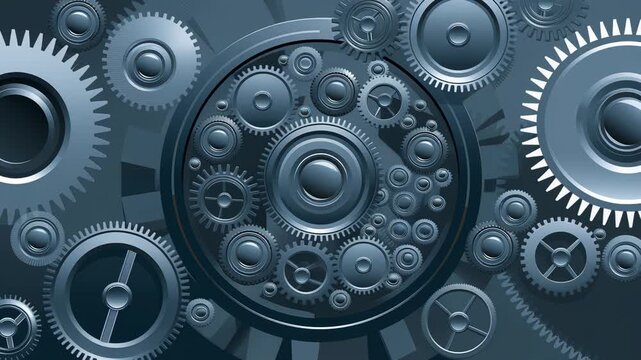 Intricate mechanical clockwork gears rotating seamlessly in a dark blue tone