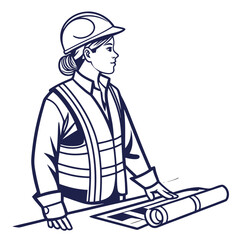 A focused female engineer wearing a hard hat and safety vest examines blueprints and plans on a table symbolizing construction planning and project management