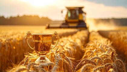 Golden trophy in wheat field with combine harvesting, warm sunset