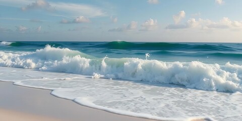 Obraz premium Serene ocean waves crashing on a white sandy beach, travel, light
