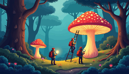 Explorers with backpacks and lanterns in a magical mushroom forest