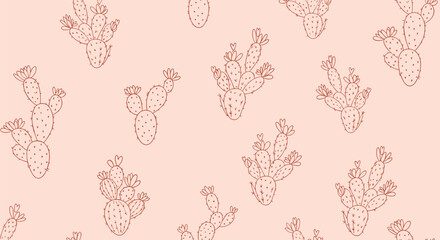 Seamless pattern of hand-drawn prickly pear cacti with delicate blossoms in a reddish-brown outline on a soft pink background.