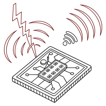 A stylized isometric illustration depicts a microchip with radiating signals and a lightning bolt symbolizing wireless communication and electrical energy transfer