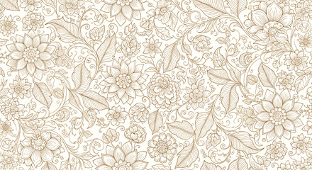 Intricate hand-drawn floral seamless pattern with elegant flowers and leaves, offering a vintage botanical aesthetic for various designs.