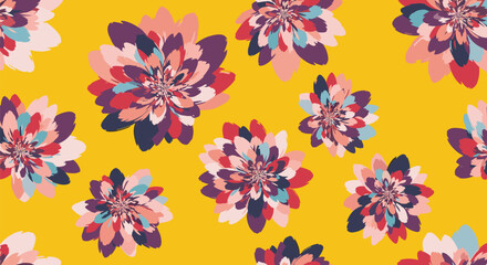 Vibrant abstract floral seamless pattern with colorful brushstroke flowers in pink, purple, blue, and red on a cheerful yellow background.