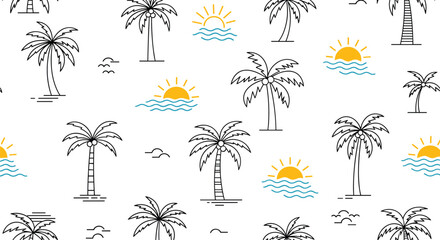 Seamless pattern with hand-drawn outline palm trees, suns, and waves on a white background, perfect for tropical designs.