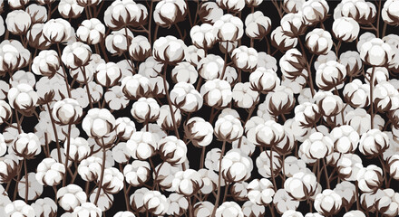 Elegant seamless pattern featuring fluffy white cotton bolls on dark brown stems, creating a natural and soft botanical design on a black background.