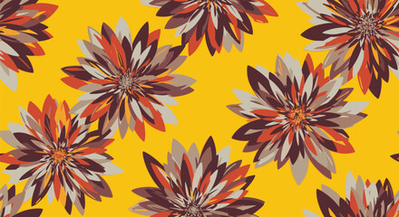 Seamless floral pattern with abstract multi-petal flowers in warm earthy tones on a vibrant yellow background.