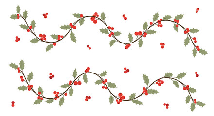 Elegant two-line holiday garland design with traditional green holly leaves and bright red berries on winding branches.