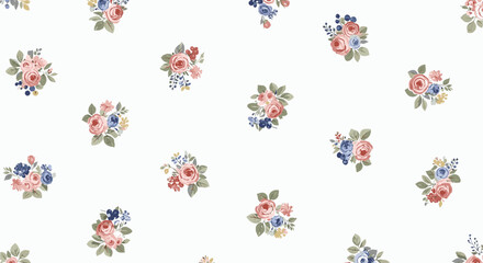 Seamless pattern with delicate watercolor bouquets of blush pink and blue roses, complemented by green leaves on a clean white background.