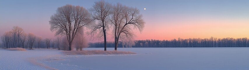 Minimalist winter snow landscape with pink sky and snow covered field, distant trees and small moon, soft pastel colors, peaceful serene atmosphere, wide perspective