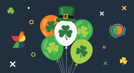Festive St. Patrick's Day celebration illustration with shamrock balloons, a leprechaun hat, and decorative elements on a dark background.