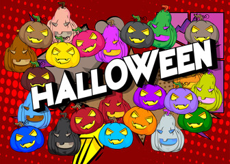 Modern creative pop art vibrant comic book style Halloween poster with text and Jack O' Lantern. Cartoon design Holiday Celebration invitation, poster.