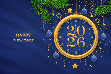 Happy New Year 2026. Golden New Year countdown clock with numbers 2026. Bauble balls, gold metallic stars, confetti on blue background. New Year greeting card or party invitation. Vector illustration.