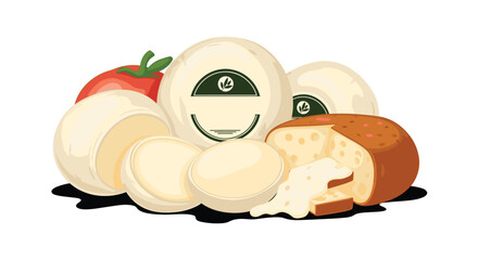 An appetizing collection of fresh and aged cheeses, including whole and sliced mozzarella, a large wheel of melted cheese, and a ripe red tomato.