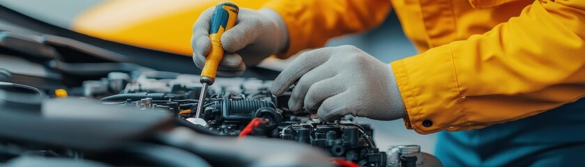 Technician performing maintenance on car engine with tools and safety gloves in a workshop, detailed professional automotive repair work scene