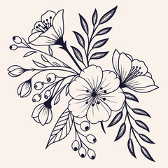 Elegant hand drawn dark blue floral arrangement with blossoms and berries on a light cream background perfect for decorative design elements