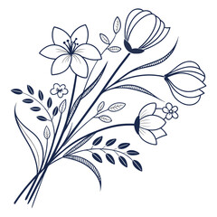 Elegant hand drawn dark blue line art floral bouquet featuring lilies tulips and delicate leaves on a clean white background