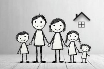 Fototapeta premium Minimalist line art illustration of a family standing in front of a house