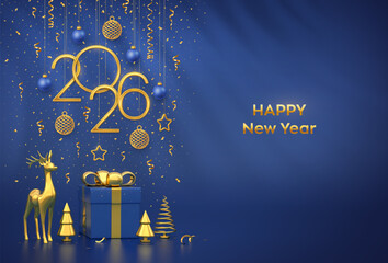 Happy New Year 2026. Hanging golden metallic numbers 2026 with stars, gold baubles and snowflake on blue background. Reindeer, gift boxes, metallic pine cone shape spruce trees. Vector illustration.