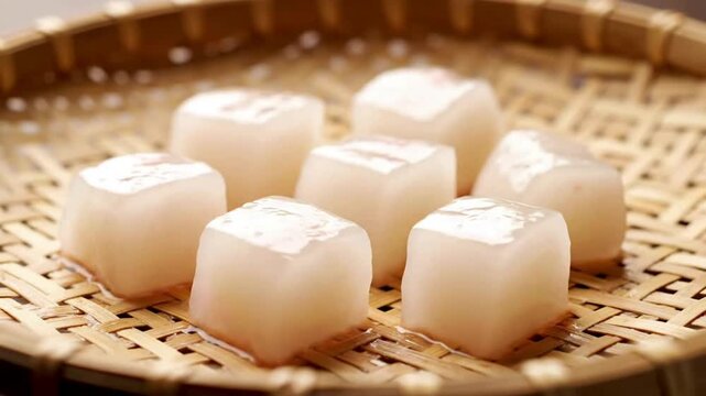 Close-up shot of several white, cube-shaped konjac jelly pieces arranged on a woven bamboo tray.