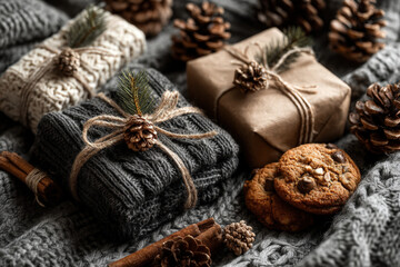 Christmas flatlay with wrapped gifts, pinecones, cookies, and cinnamon in soft shadows