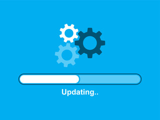 The updating process is in progress with gears rotating on a blue background