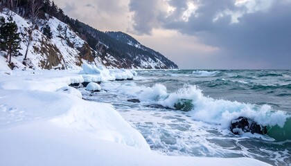 Coastal scene where waves crash against snow-covered rocks and shoreline beneath a cloudy, overcast sky, trees