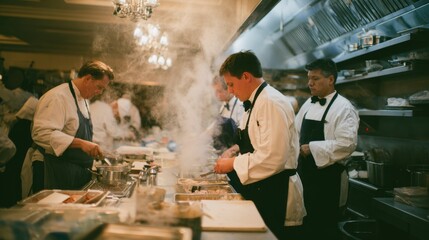 Professional Chefs Working in Commercial Kitchen with Steam and Cookware