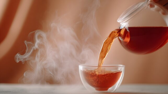 Amber tea pouring from glass teapot into clear glass cup with steam beverage drink - Powered by Adobe