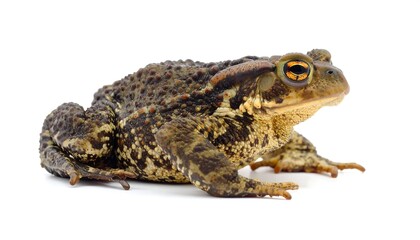 Close-up of a brown and tan amphibian against a white background