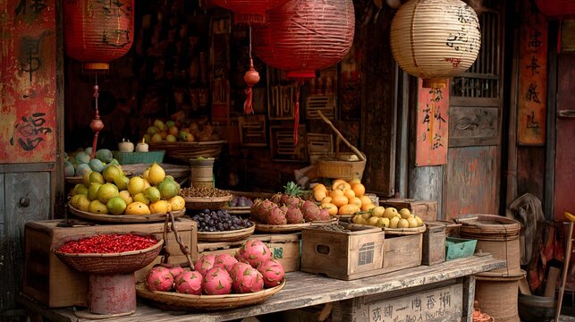 Asian fruit stall with red and white lanterns and wooden crates filled with produce asian market stall