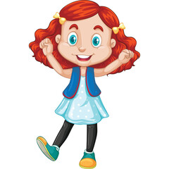 Excited young girl with red curly hair and blue eyes wearing a light blue polka dot dress and dark leggings 